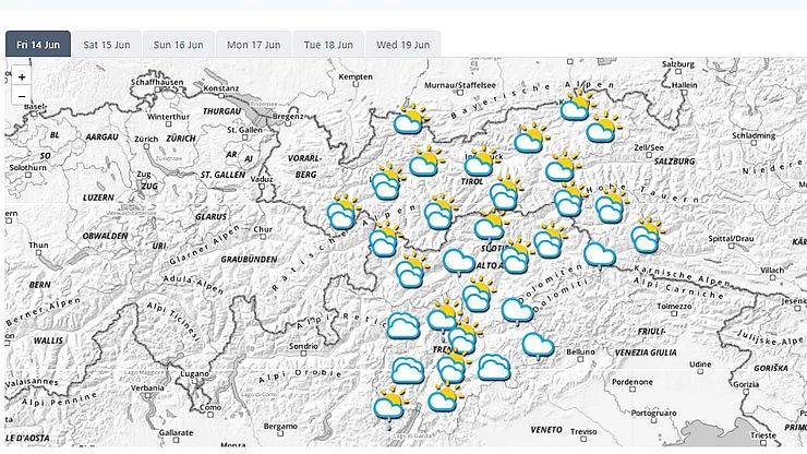 Il bollettino meteo dell'Euregio è disponibile in tre lingue per tutti e tre i territori Tirolo, Alto Adige e Trentino.