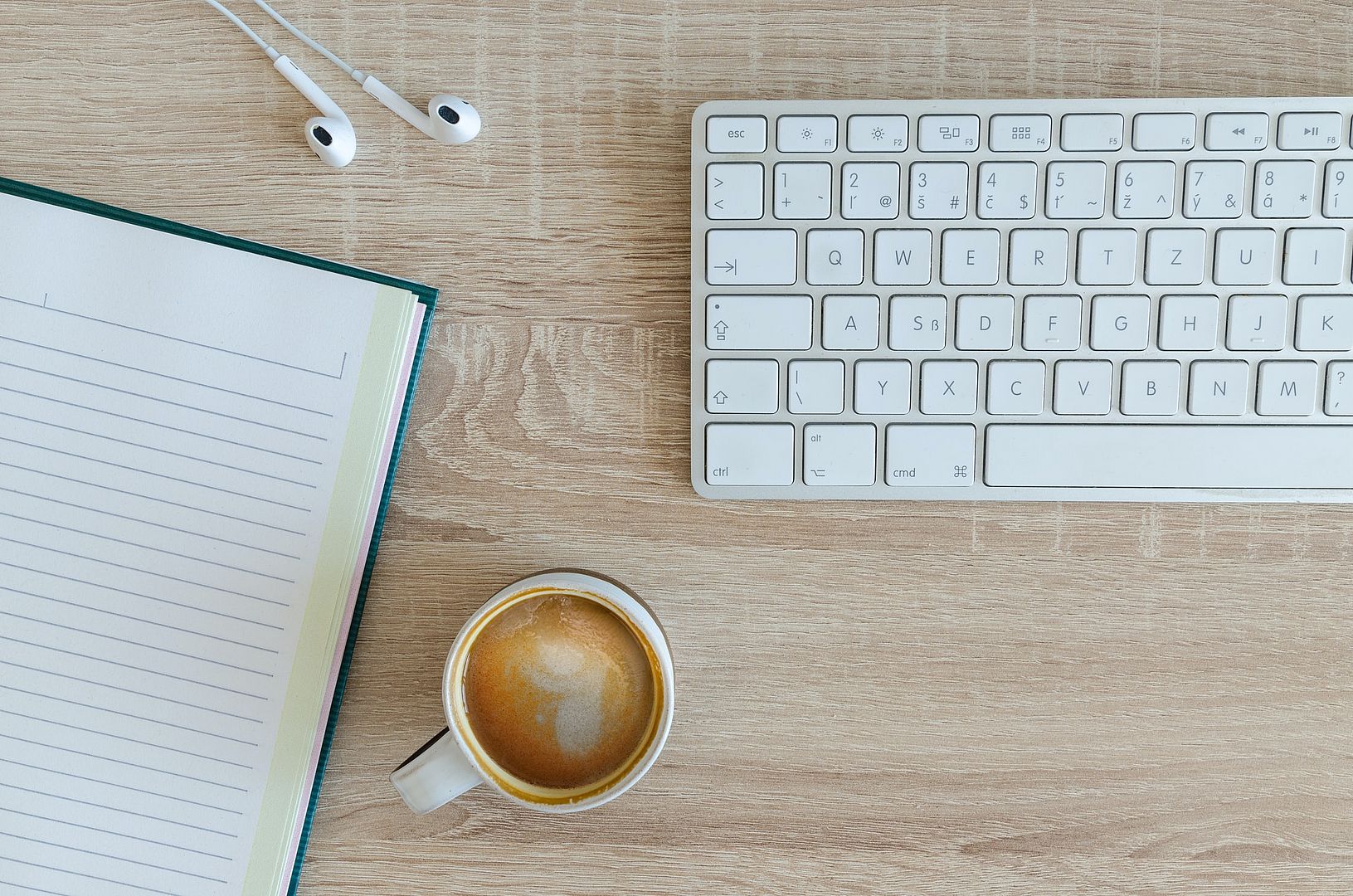 Desk with keyboard and coffee