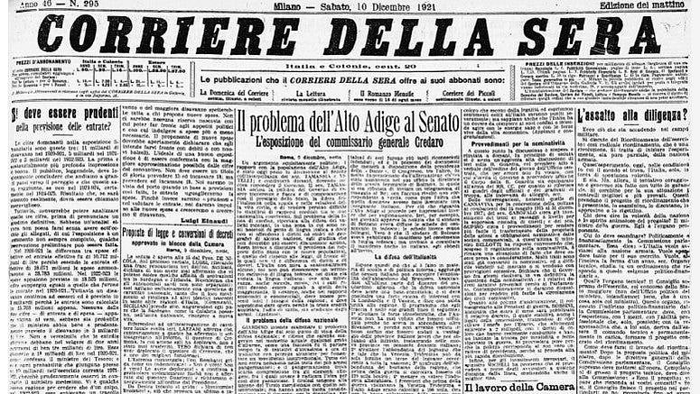 La questione altoatesina sulla prima pagina del "Corriere della sera" del 10 dicembre 1921 